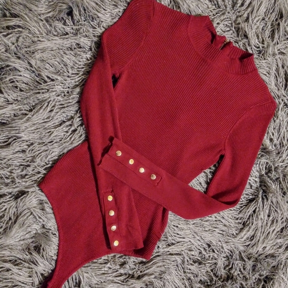 Hera Ribbed knit open back thong bodysuit Maroon M - Picture 5 of 7